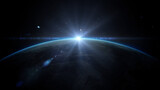 Fototapeta Perspektywa 3d - Sunrise over earth as seen from space. With stars background. 3d rendering