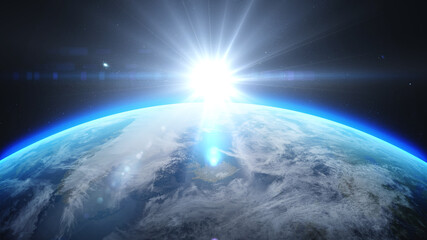 Wall Mural - sunrise over earth as seen from space. with stars background. 3d rendering