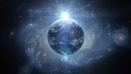 Wall Mural - sunrise over earth as seen from space. with stars background. 3d rendering