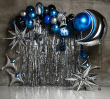 Space Balloons Photo Zone With Blue And Silver Stars For Child Kids Birthday Party Decor. Holiday Decoration