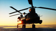 Military helicopter chinook, wonderfull sunset. 3d rendering.