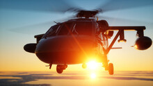 Military Helicopter UH-60 Black Hawk, Wonderfull Sunset. 3d Rendering.