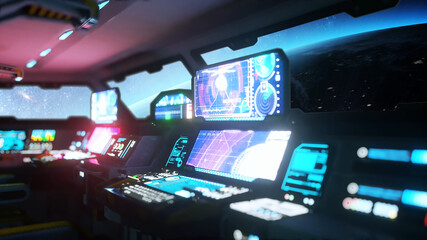 Canvas Print - space ship futuristic interior. cabine view. galactic travel concept. 3d rendering.