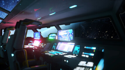 Wall Mural - space ship futuristic interior. cabine view. galactic travel concept. 3d rendering.