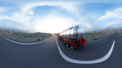 Gasoline tanker, Oil trailer, truck on highway. Very fast driving. 3d rendering. 360 spherical panoramic