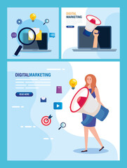 Poster - woman with megaphone and icon set design, Digital marketing and ecommerce theme Vector illustration