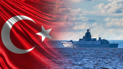 Wall Mural - Turkish Navy. The ship against the background of gray water and cloudy sky. Combat duty of a Turkish ship. Turkish flag and border boat. Protection of the Maritime borders of the Republic of Turkey.