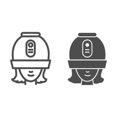 Poster - Young woman under hooded dryer machine line and solid icon, hair salon concept, girl under drying hood sign on white background, old hair-dryer hood icon in outline style for mobile. Vector graphics.