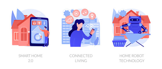 Poster - City and home with cognitive intelligence, Internet of Things, innovative technology. Smart home 2.0, connected living, home robot technology metaphors. Vector isolated concept metaphor illustrations.