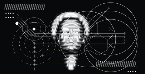 Aufkleber - Artificial Intelligence concept. 3D model of human face made of lines, Op art surreal style.
