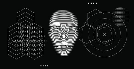 Aufkleber - Artificial Intelligence concept. 3D model of human face made of lines, Op art surreal style.