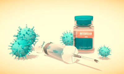 Medicine vial, viruses and syringe. Bottle label with interfeeron alfa. Medical concept. 3D rendering