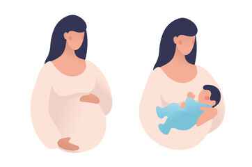 Wall Mural - Set of illustrations about pregnancy and motherhood. Pregnant woman with tummy. Lady with a newborn baby. Vector illustration in a flat cartoon style