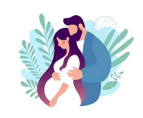 Wall Mural - Pregnant woman with husband on a background of leaves. Concept illustration for design about pregnancy, motherhood, parenthood. Flat cartoon style, vector illustration.