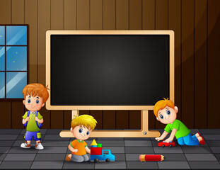 Wall Mural - Border template with school boys near a board