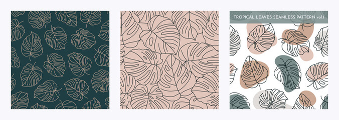 Set of Tropical Monstera Leaves Seamless Pattern. Vector floral background in a trendy minimalistic linear style