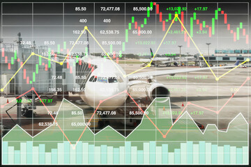 Wall Mural - Stock index financial data presentation for travel business and transportation industry with graph and chart on aircraft background.