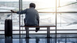 © zephyr_p - Vacation trip or travel abroad concept. Immigration and baggage claim. Tourist man holding suitcase luggage while sitting in gate waiting for airline flight check-in at international airport terminal.