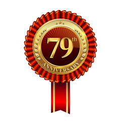 Celebrating 79th anniversary logo, with golden badge and red ribbon isolated on white background.