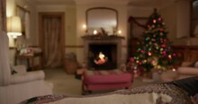 WS FOCUSING Christmas Tree Near Fireplace In Living Room / Dinton, Wiltshire, UK