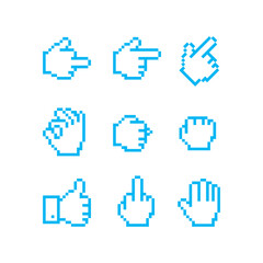 set of vector images of cursors and gestures. Set of pixel art style icons.