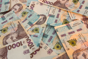 Top view background with  new banknote of Ukraine 1000, UAH.