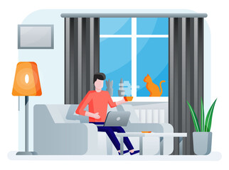 Wall Mural - Interior of modern living room. Man working on laptop. Sofa, plant, desk, lamp. Cat sitting on window with curtains. Home decor in minimalistic design. Flat style vector