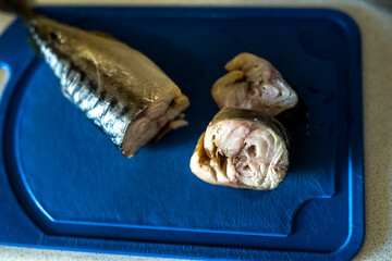 Sliced aromatic smoked  mackerel, close-up