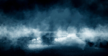 dark street, wet asphalt, reflections of rays in the water. abstract dark blue background, smoke, sm