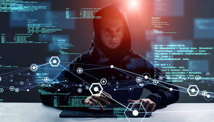 Poster - Hacker. Cyber security concept. Encryption. Data protection. Anti virus software. Communication network.