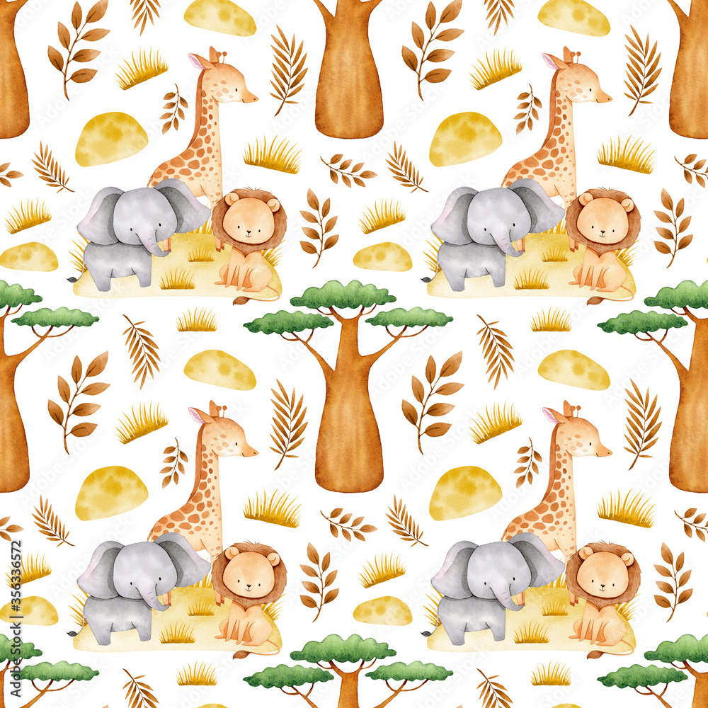Watercolor seamless pattern with cute baby giraffe, elephant, lion ...