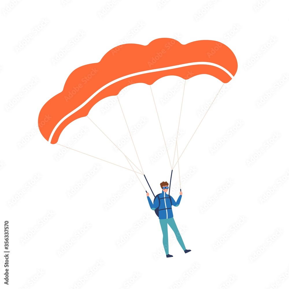 Active guy enjoying parachuting extreme sport vector flat illustration. Male skydiver practicing dangerous hobby with parachute isolated on white. Colorful parachutist with professional equipment - obrazy, fototapety, plakaty 