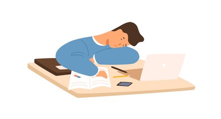 Poster - Tired student guy sleeping on table in front of laptop during prepare to exam vector flat illustration. Exhausted pupil lying on desk surrounded by paper notebook and book isolated on white