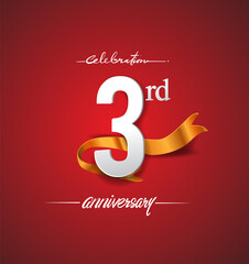 3rd anniversary logotype with golden ribbon isolated on red elegance background, vector design for birthday celebration, greeting card and invitation card.