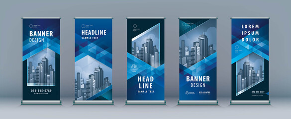Wall Mural - business roll up set. standee design. banner template, abstract blue geometric triangle background