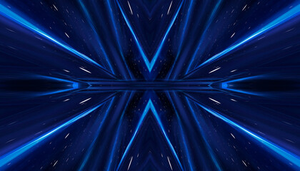 abstract blue dark background with lines and rays. symmetric reflection of neon light. light tunnel,