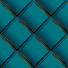 Waffle 3d Vector Seamless Pattern. Geometric Luxury Surface Background. Repeat Turquoise Waffled Modern Backdrop. Beautiful Ornate Abstract Ornament With Rhombus, Gold Frames, Stripes. Elegant Design