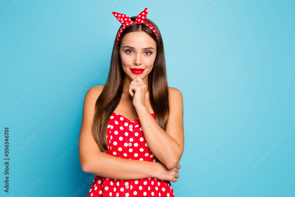 Close-up portrait of nice-looking attractive lovely winsome creative content smart clever straight-haired girl thinking touching chin isolated over bright vivid shine vibrant blue color background - obrazy, fototapety, plakaty 