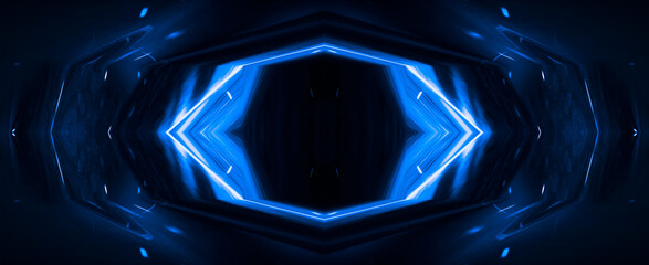 Abstract blue dark background with lines and rays. Symmetric reflection of neon light. Light tunnel, sparks. The movement of light. Night view.