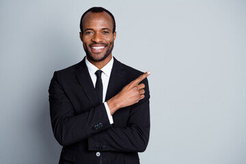 Wall Mural - Close-up portrait of his he nice attractive cheerful cheery glad luxurious guy employee banker economist director showing decision ad advert isolated over grey pastel color background