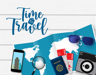 Wall Mural - time to travel vector design. time to travel text in space with trip and tour travelling elements li