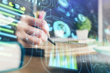 double exposure of woman's hands on background with technology and digital coding icons. data develo