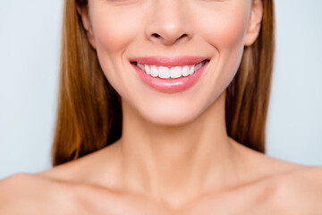 Poster - Cropped close-up portrait of attractive lady with perfect lips teeth professional medical care renovation isolated over light gray pastel background