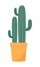 Houseplant. Decorative Cactus In Yellow Pot. Flat Cartoon Style. Vector Illustration Of Cute Green Cactus Isolated On White Background. Interior Design Element, Scrapbooking. EPS 10 Format