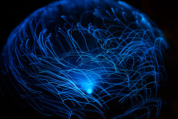 Wall Mural - blue abstract particles and lines with bokeh and blur in dark background