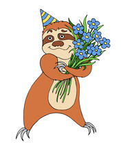 Illustration Of A Funny Animal With A Bouquet Of Flowers. Funny Sloth On A White Background. Greeting Card. 