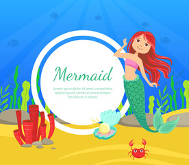 Sticker - Mermaid Party Banner Template, Cute Aquatic Nature, Under the Sea Theme Party Greeting or Invitation Card, Flyer Vector Illustration