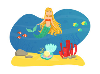 Sticker - Marine Life with Cute Smiling Little Mermaid and Aquatic Nature, Sea Theme Vector Illustration