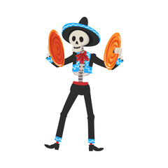 Poster - Male Skeleton in the Mexican National Costume Playing Cymbals, Day of the Dead Dia de los Muertos Concept Vector Illustration