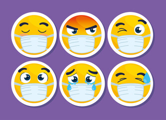 set of emoji wearing medical masks, yellow faces with a white surgical mask, icons for covid 19 coronavirus outbreak vector illustration design